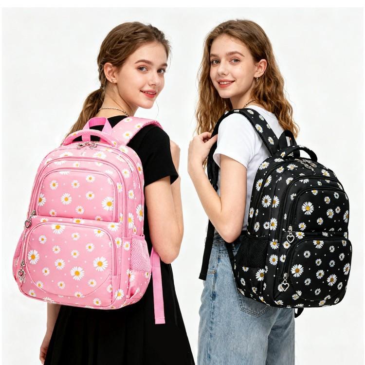 New Sweet Floral Nylon Print Backpack for Women Students Lightweight Water-Resistant Laptop Travel Daypack 3-Piece Set