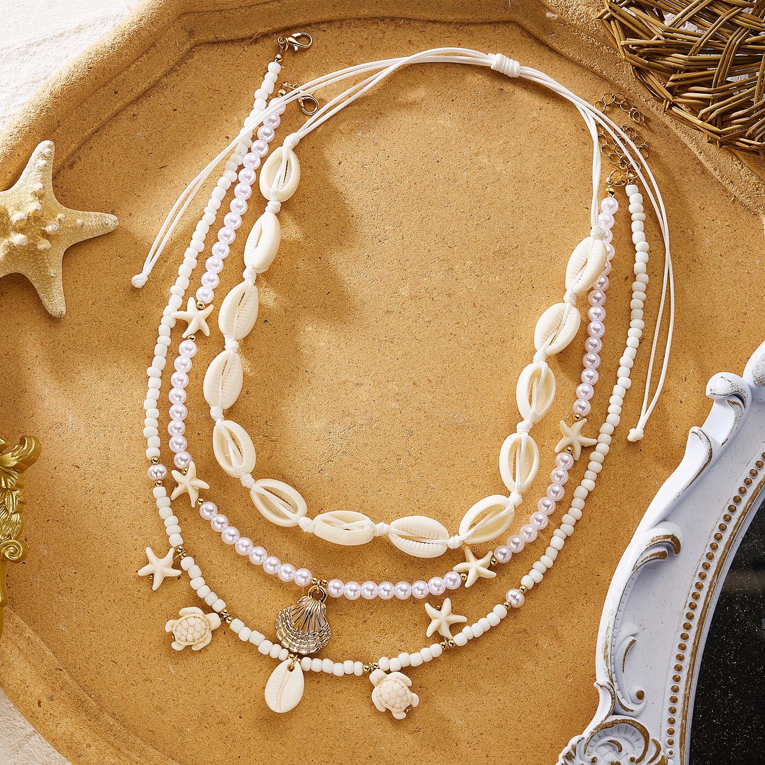 

Shell Turtle Starfish Imitation Pearl Seed Bead Necklace 3-Piece Set Stacking Beach Vacation Style Accessory Daily Accessory