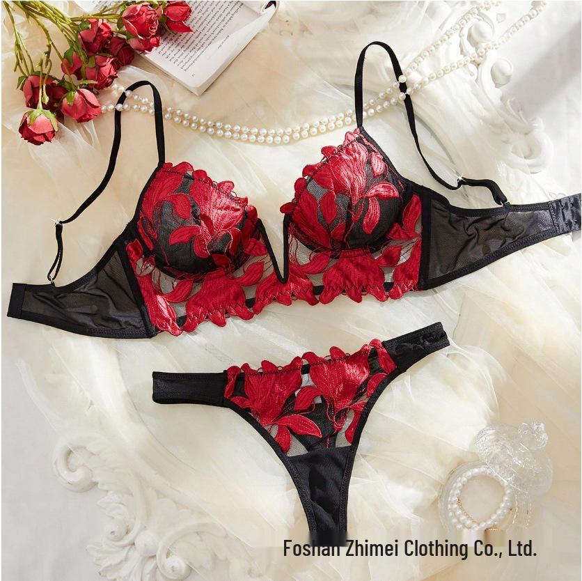 European & American Deep V Embroidered Lace Lingerie Set: Ultra-Thin Chest Minimizing Bra.