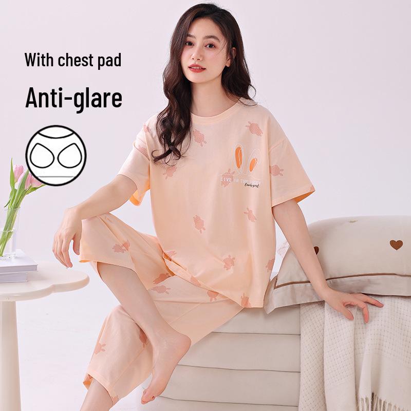 Women's Pure Cotton Pajama Set: Short Sleeve, Seven-Point Pants, Loose Fit, Built-In Bra Pads, Comfortable Home Wear.