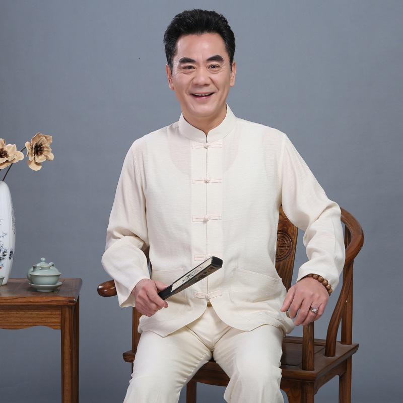 Retro Chinese-Style Men s Ethnic Cotton Linen Suit - Tang Suit & Monk s Robe for Middle-Aged and Elderly 39 бежевый