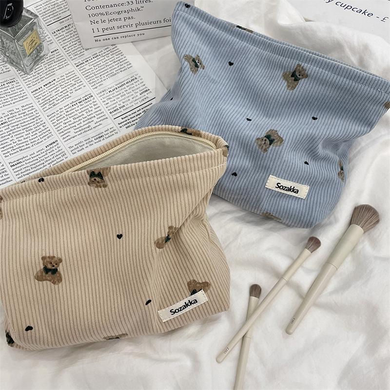 Portable Cartoon Bear Makeup Bag Corduroy Large Capacity Cosmetic Bag Pen Bags For Women Lady Girl