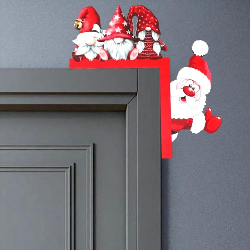 Wooden Christmas Corner Door Frame Decoration Cartoon Santa Claus Elk Xmas Penguin Pendant Merry Christma Decor For Door Frame