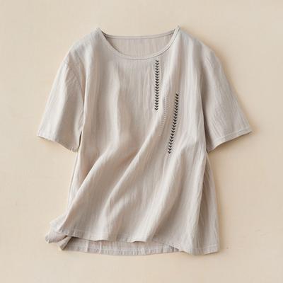 Kurzärmeliges Damen-T-Shirt aus bestickter Baumwolle und Leinen, Rundhalsausschnitt, Sommer, Locker, Große Größe, Pullover Damen