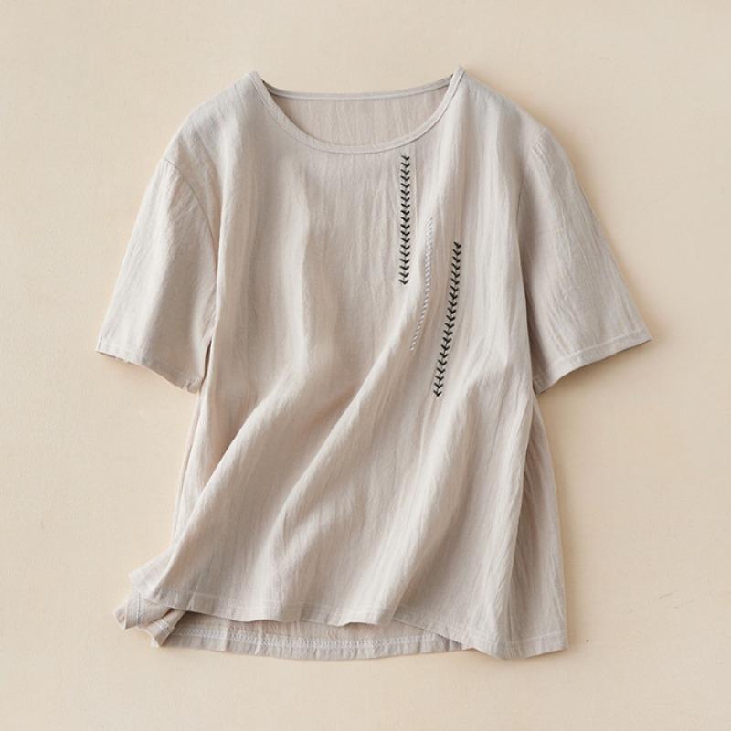 Short-sleeved Women's Embroidered Cotton and Linen Round Neck Summer Loose Large Size T-shirt Pullover Women