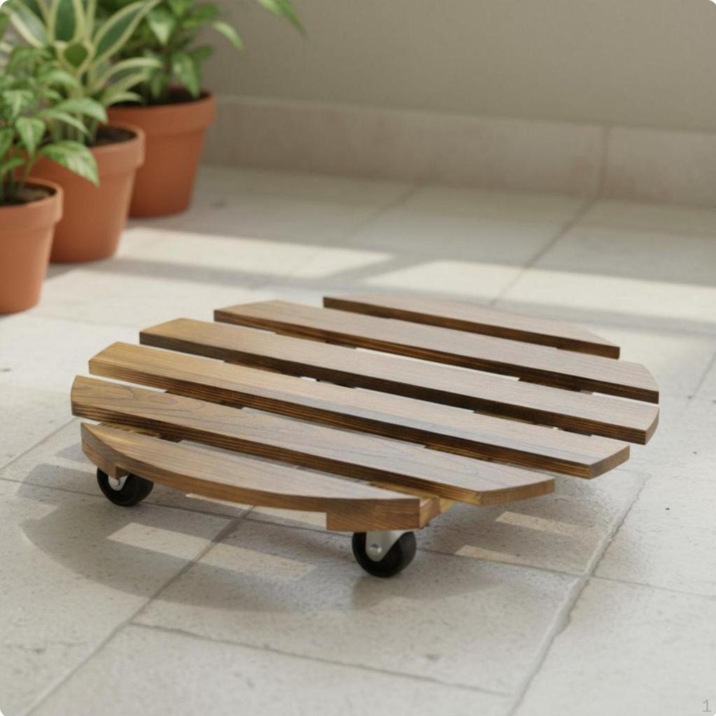Round Planter Stand with Wheels Carbonized Wooden Floral Pot Indoor Outdoor Use