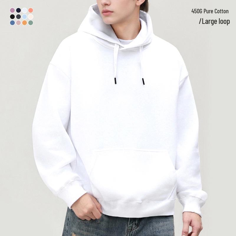 Men's Casual Thick Terry Cloth Hoodie: Heavyweight Pure Cotton Sweatshirt - Loose Fit, Solid Color, American Style for Autumn/Winter.