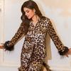 Ice silk leopard print pajamas winter long-sleeved trousers set women's European and American sexy daily shirts homewear export