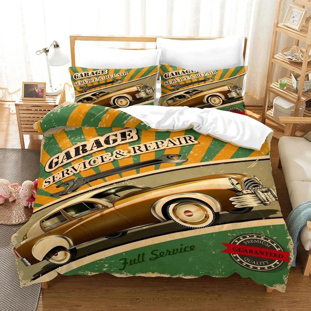 Cars Duvet Cover Traditional Old Car Race Nostalgic American Car Bedding Set Classic Cars Polyester Quilt Cover For Boys Teens