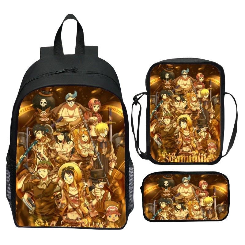 Set Zaino 3 Pezzi Stampato One Piece Cartone Animato Pirata Blu Marinaio Zaino Scuola Elementare Grande Capacità Resistente all'Acqua Zaino per Bambini