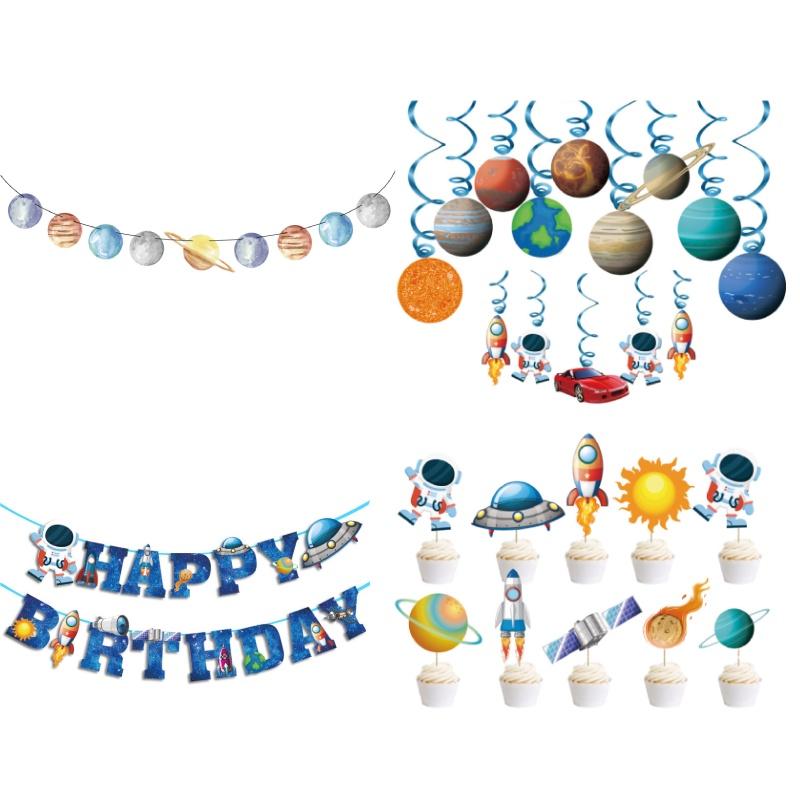 Themed Space Outer Spaceman Rocket Birthday Party Decor Set Banner Topper Cake