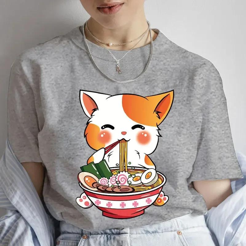 

Anime T-shirt for Women Japanese Anime Noodles Printed T Shirt Cute Lamian Noodles Kitten T Shirts XXXL сірий