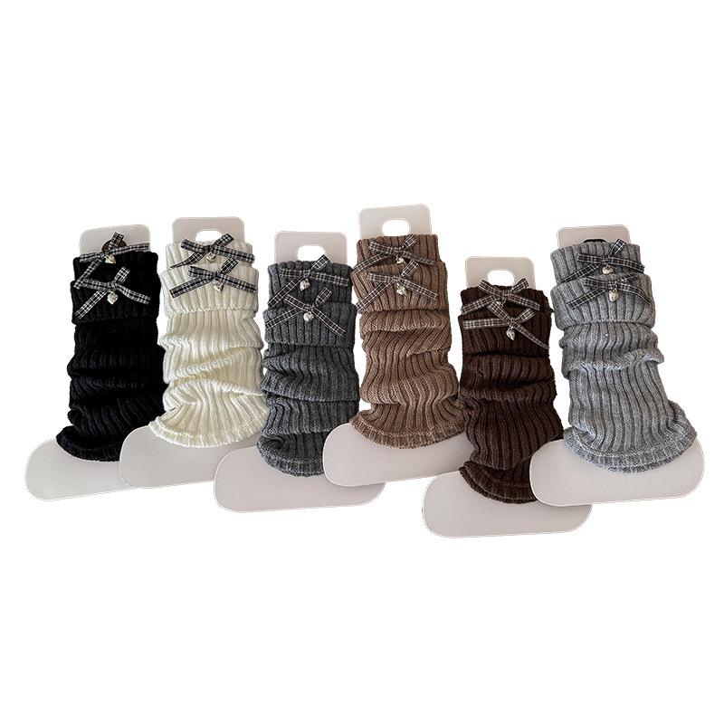 Boots Cotton Girls Socks Cover Retro Plaid Bow Stacking Socks Lolita Wool Knitted Warm Calf Leg Cover