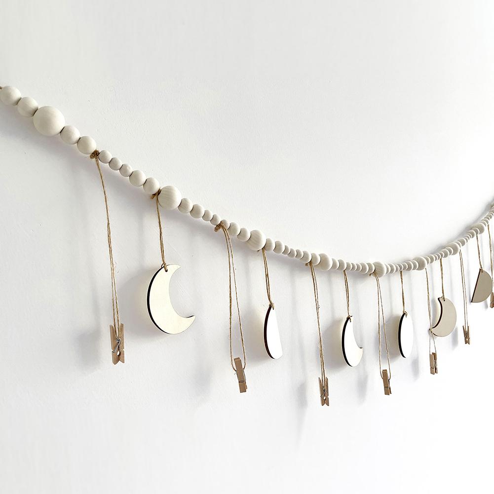 130cm Photo Garland With Wooden Beads Moon Tags 3 Sizes Wall Mounted Photo Clip String For Bedroom Office Dorm Party Decor