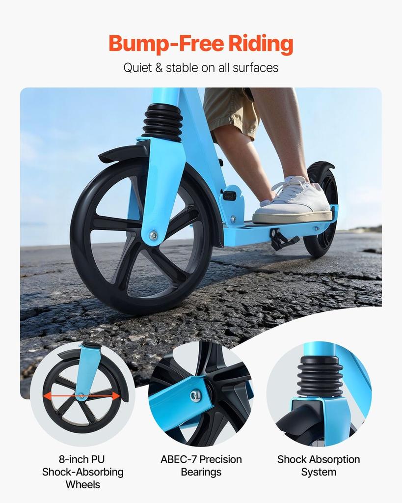 Kick Scooter for Kids Ages 8+, Teens & Adults, 2-Wheel Toddler Scooter with Adjustable Height Handlebar, Wide Anti-Slip Deck, Foldable Lightweight for
