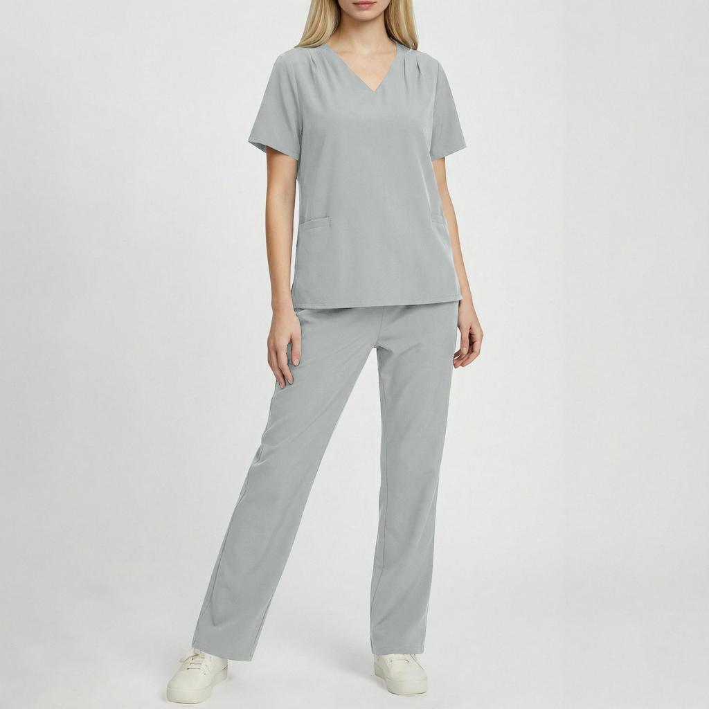 Mode Femme - Ensemble de Travail à Manches Courtes et Col en V de Couleur avec Poche