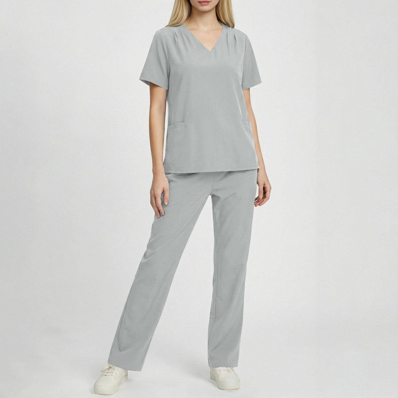 Women s Fashion -Color Short-Sleeve V-Neck Workwear Set With Pocket XXL