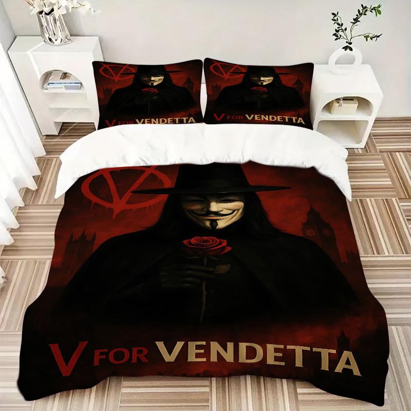 3pcs V for Vendetta Bedding Set, Soft Polyester Duvet Cover and Pillowcases Machine Washable Seasons all suitable & Guest Room Decor210