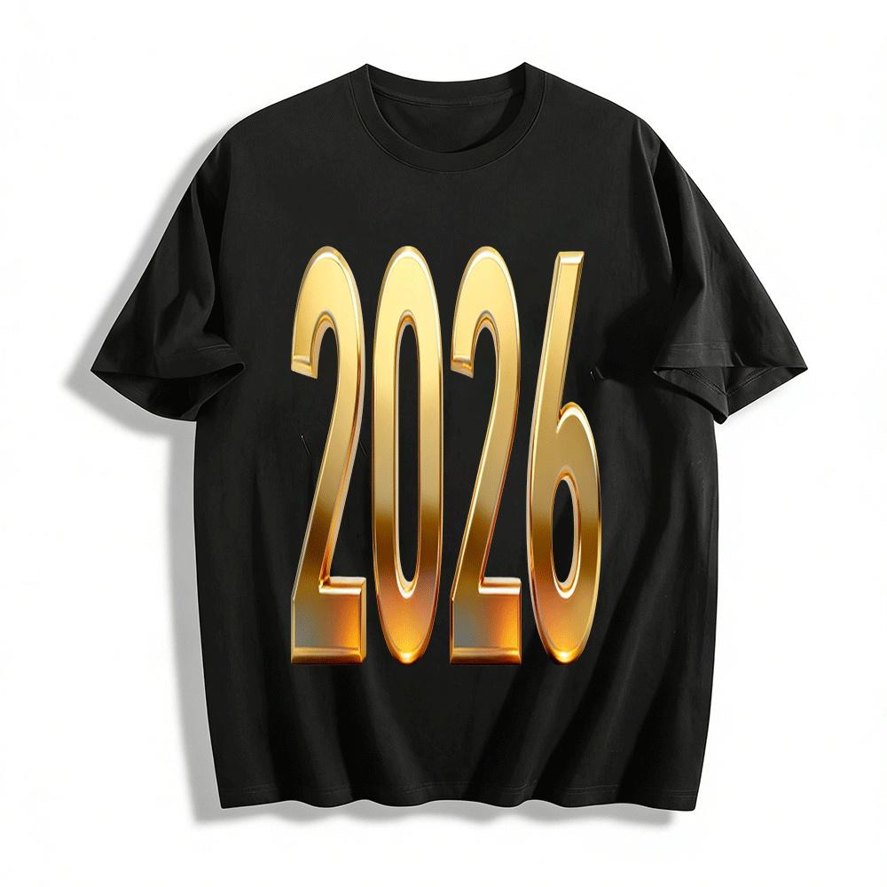 2026 New Year Theme Shiny Gold Print Casual Versatile Top Pure cotton T-shirt XXS