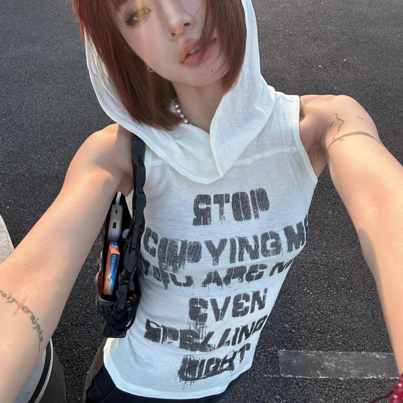 Retro Hoodies Tees For Women Sexy Tops Sleeveless Girls Y2K Tops Letters Cycling Tees Workout Street Wear Gym Sports Fitness Tops
