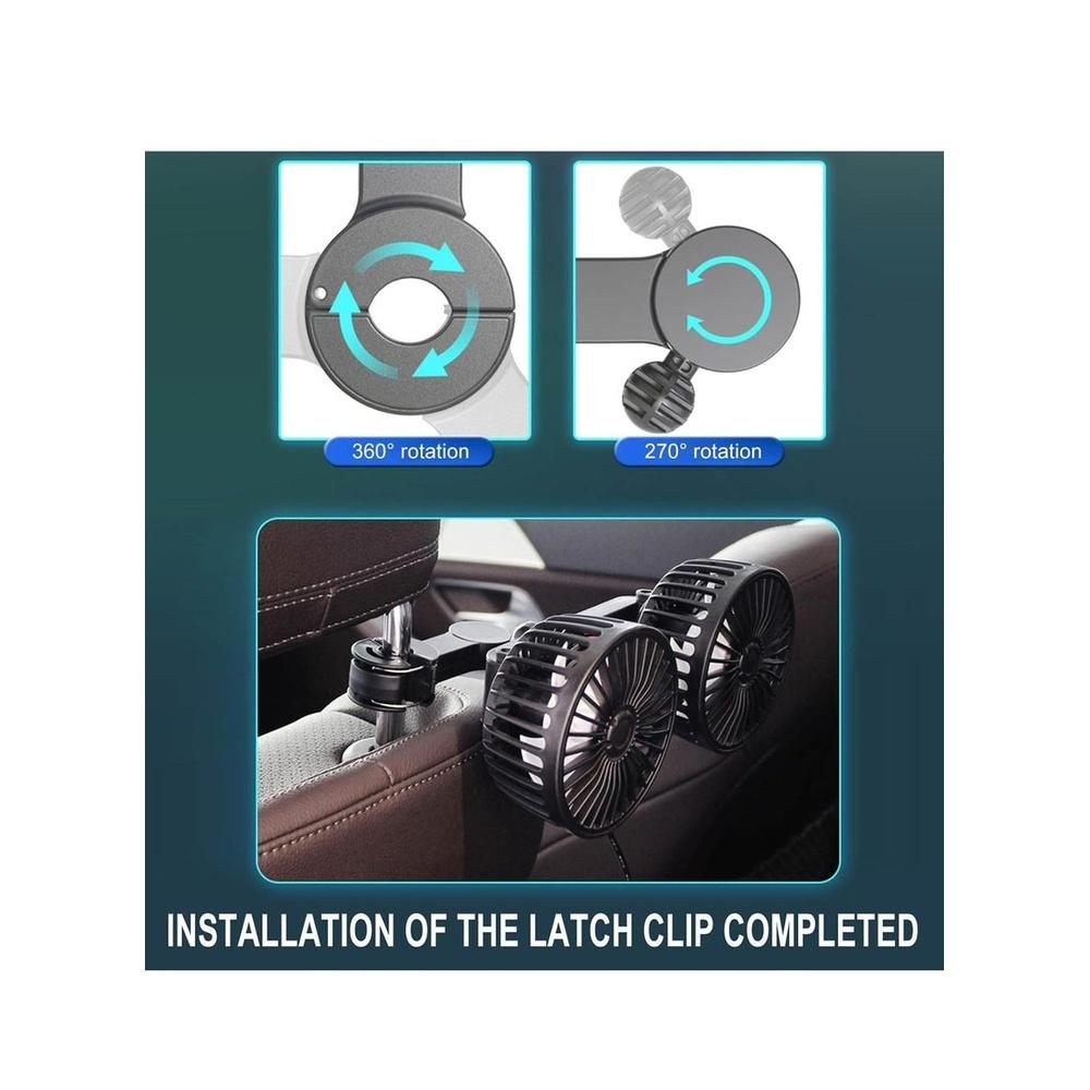 Car Fan for Backseat USB Powered Dual Head Car Seat Headrest Fan for Car 3 Speeds & 360° Rotatable Car Window Fan Powerful Air Circulation Fan with A