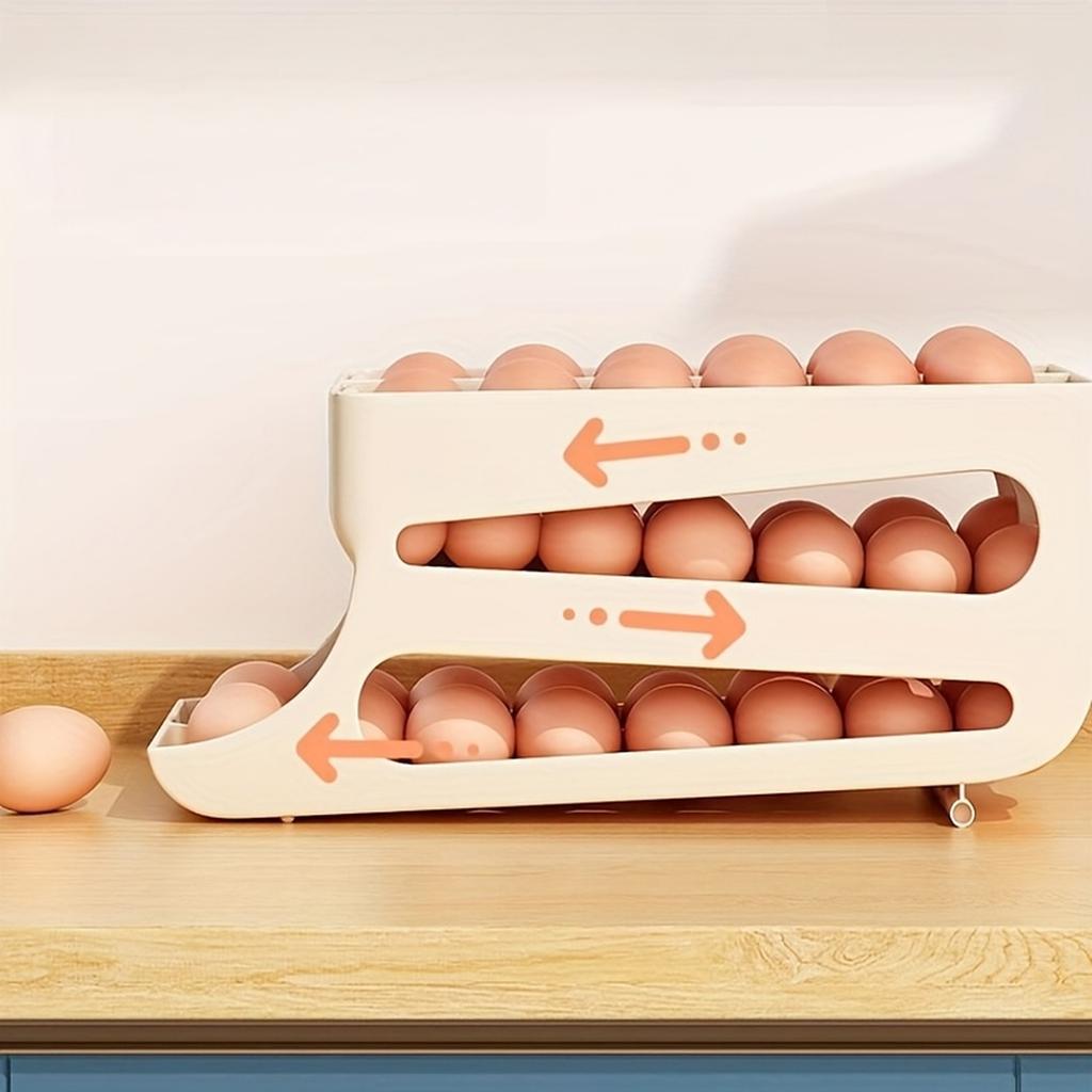 Egg Dispenser Storage Container for Refrigerator Side Door, Multi-Layer Slanted Egg Box for Kitchen, Cream Color