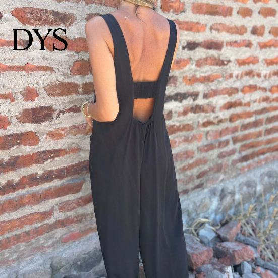 Suspenders Jumpsuit Summer Women V Neck Sleeveless Loose Wide Leg Button Decor Pure Color Deep Crotch with Side Pockets Casual Vacation Homewear