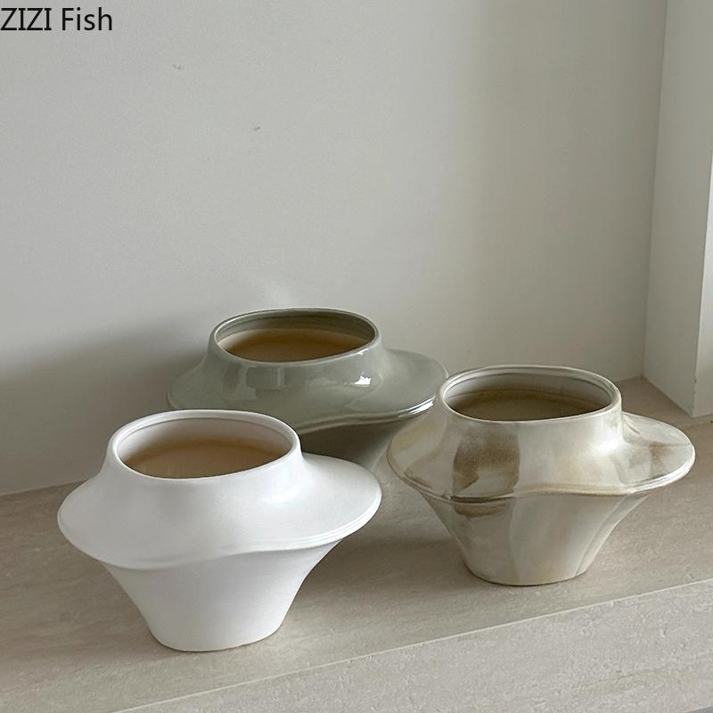 Creative Large Diameter Ceramic Vase Plant Pot Table Decoration Flowers Arrangement Artificial Flower Vases Room Aesthetic Decor