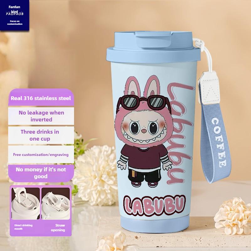 Tecknad Rostfri Stålkopp Högvärdig Termosmugg 3D Dubbel Drickstrå Kaffekopp