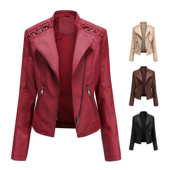 Women Autumn Winter Faux Leather Jacket Zipper Stand Collar Motorcycle Slim Coat