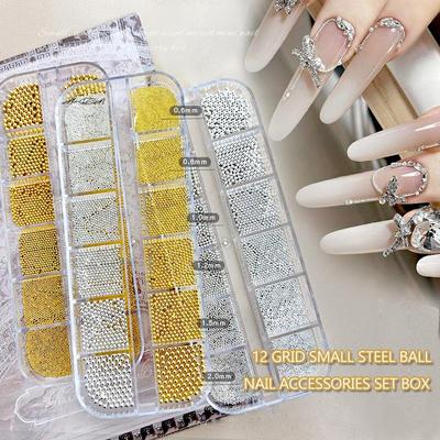 12 Compartimentos 0.6-2 mm Tamaño Mixto Bolitas Pequeñas de Acero Uñas Arte Diseño 3D Oro Plata Micro Bolas Joyería Manicura Puntas Encanto Decoración DIY