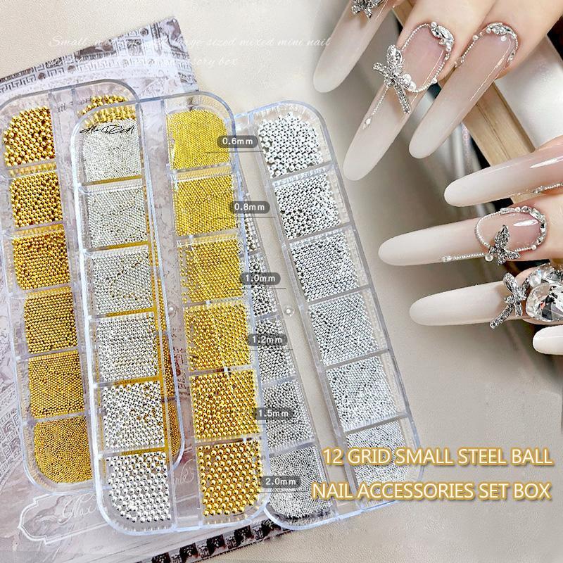 12 Grids 0.6-2mm Mixed Size Tiny Steel Beads Nail Art 3D Design Gold Silver Micro Ball Jewelry Manicure Tips Charm DIY Decor