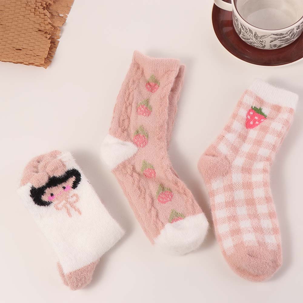 

3Pairs Fashion Cartoon Girl Mink Fur Socks Thicken Warm Strawberry Plush Socks Soft Hosiery Sleeping Socks Women Girls One Size