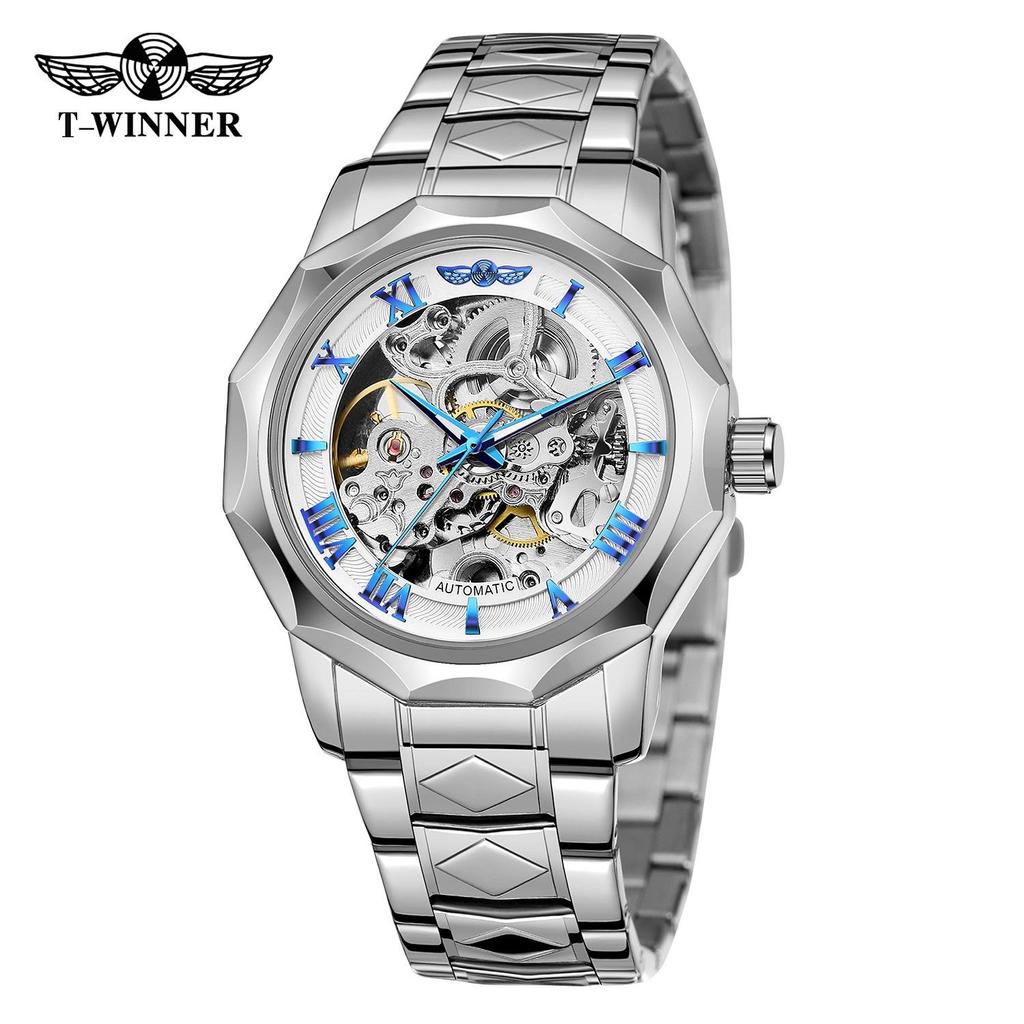 WINNER Men's Skeleton Automatic Mechanical Watches Polygonal Hollow Bottom Self Winding Wristwatch Stainless Steel Waterproof Luminous Watches for Men