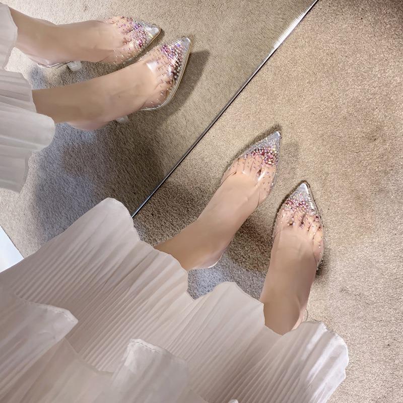 Large size pointed sandals women's summer new fashion rhinestone wine glass and high-heeled sandals transparent tide