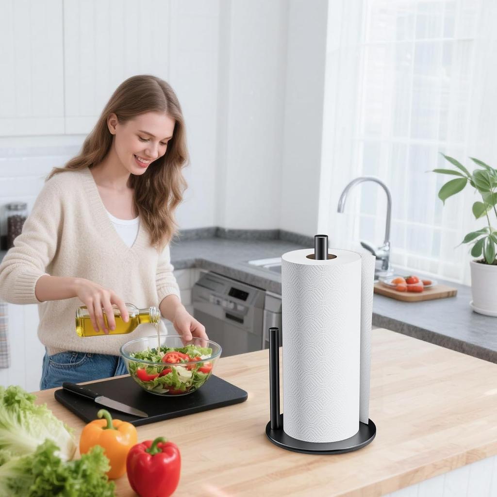 Black Paper Towel Holder Stand for Kitchen Countertop and Bathroom, Stainless Steel Kitchen Upright Paper Towel Holder for Large and Standard