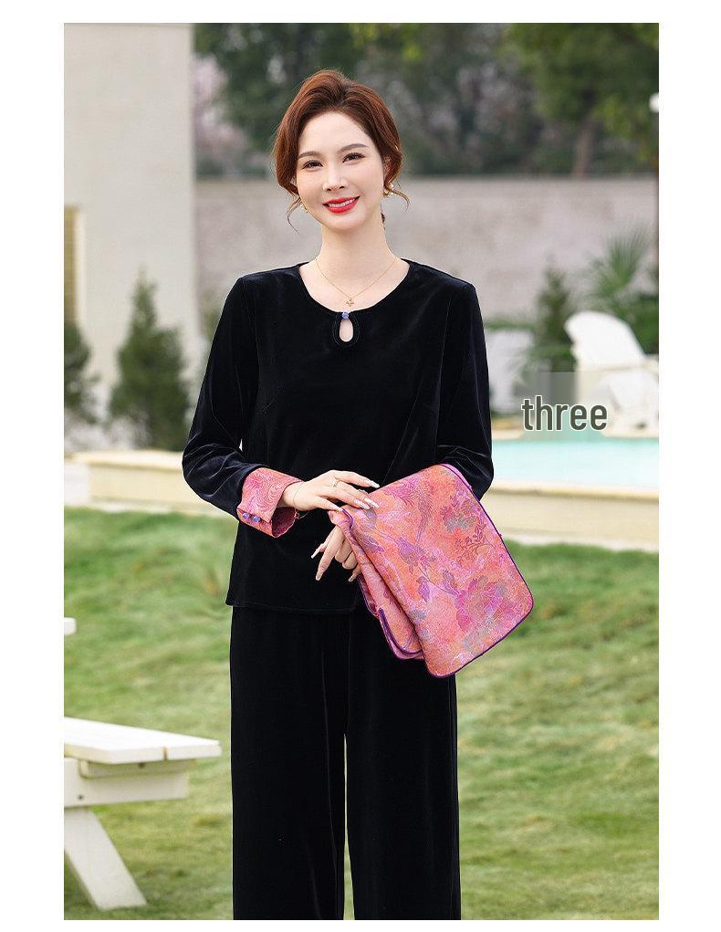Elegant Mother's Day Spring Outfit: Middle-Aged Gold Velvet Two-Piece Set with Inner Top and Vest.