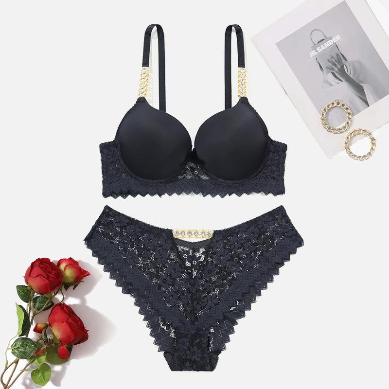 "Women's Off-Shoulder Lace Bra Set: Sexy Gathered Bra, Diamond Metal Chain Straps, Semi-Transparent Briefs."