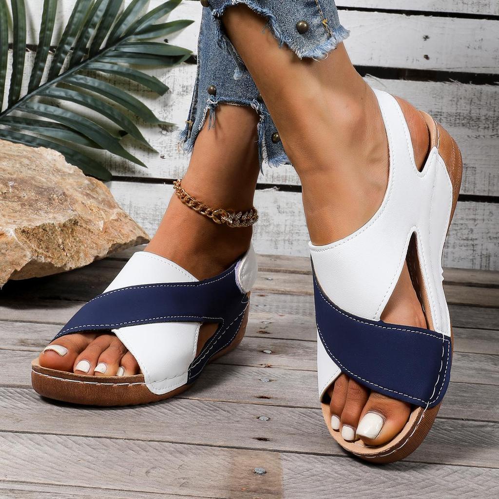 Sandali da donna con zeppa a contrasto e tacco alto, scarpe casual a punta aperta con suola spessa, comodi sandali con cinturino alla caviglia