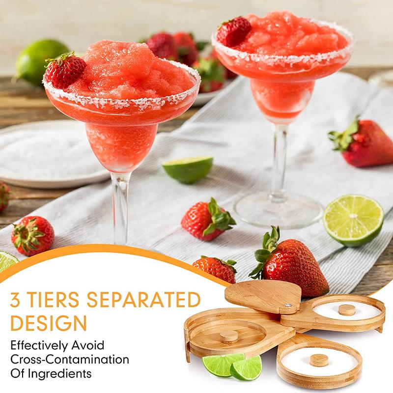 3 Tier Salt Rimmer Bamboo Material Margarita Glass Rimmer for Cocktails Adjustable Sauce Seasoning Plate Mixing Sugar Rim Box