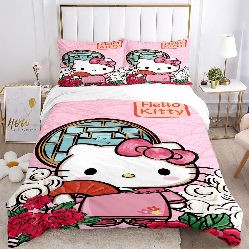 3pcs Ancient Style Hello Kitty Pattern Bedding Three-Piece Set (1 Cover + 2 Pillowcases, No Fillings), Soft and Comfortable W004