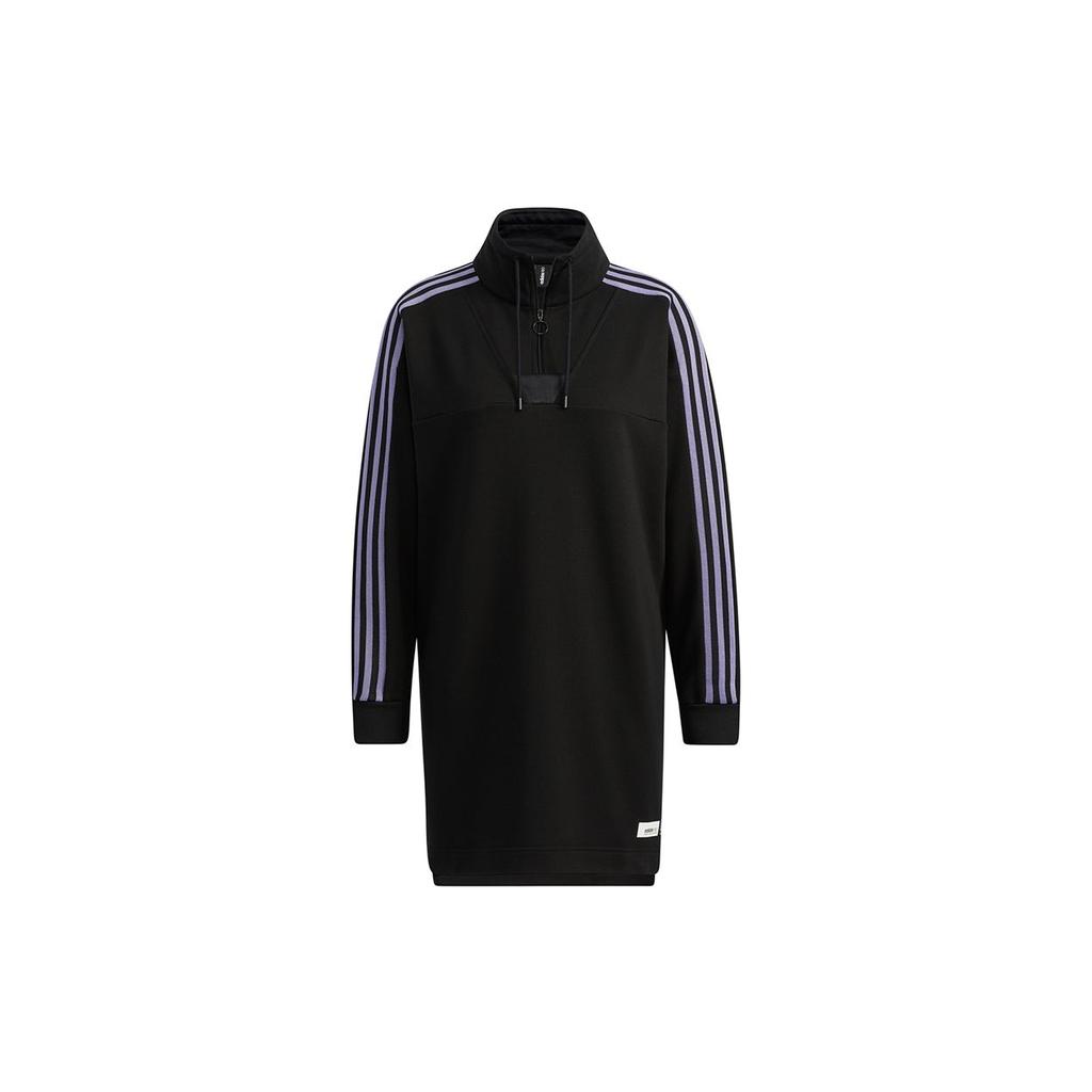 Adidas Neo Sporty Casual 1/4 Zip Striped Stand Collar Long Sleeve Dress Women Dress Black GS2606