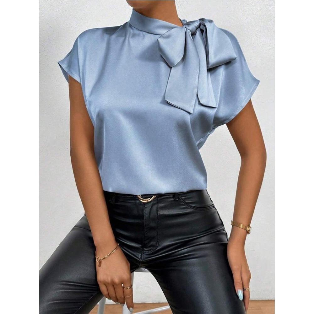 

Женская летняя рубашка в стиле минимализма, элегантная женская атласная розовая рубашка с короткими рукавами, шнуровкой и бантом на шее, повседневная облегающая рубашка для офиса M синий