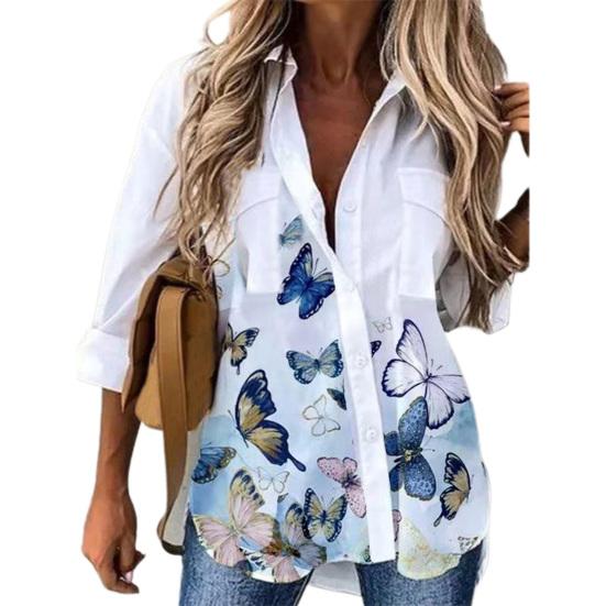 Damen-Shirt mit Schmetterlings-Print, Umlegekragen, einreihig, künstlerisches Frühlings-Top für den Alltag