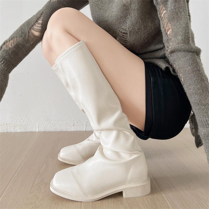Beige Retro British Style Thick Heel Flat-bottomed Boots Women's 2025 New Spring and Autumn Square Head Thin Knight Boots