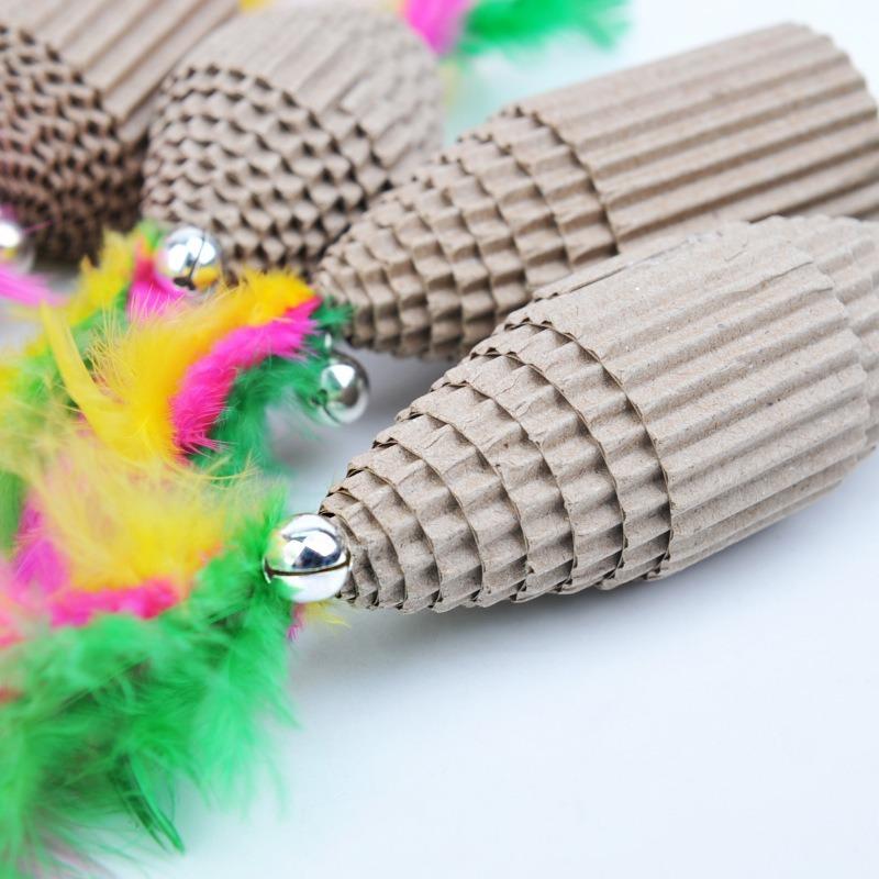 New Pet Cat Bell Feather Dumbbell Fun Cat Stick Toy Eco-friendly Corrugated Claw Grinding Toy