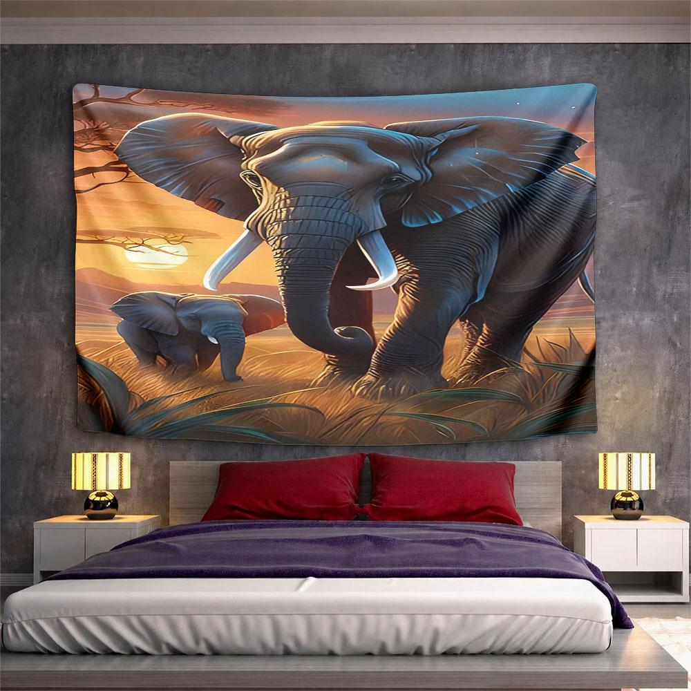 "Elephants at Sunset in Savannah" Pattern Wall Hanging Tapestry Decorative Tapestry Home Decor for Bedroom and Living Room