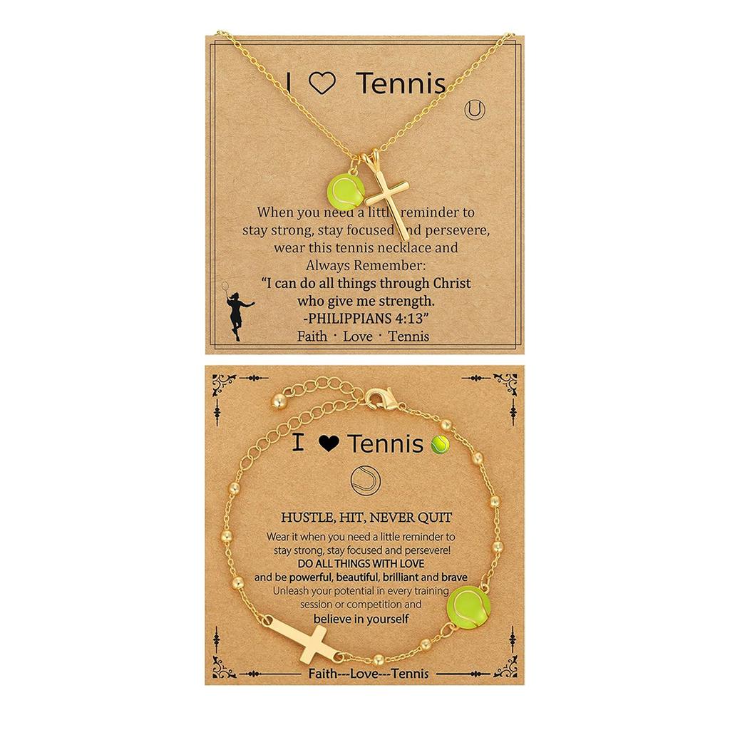 Tennis Element Cross Pendant Necklace, Trendy and Personalized Layered Bracelet Set