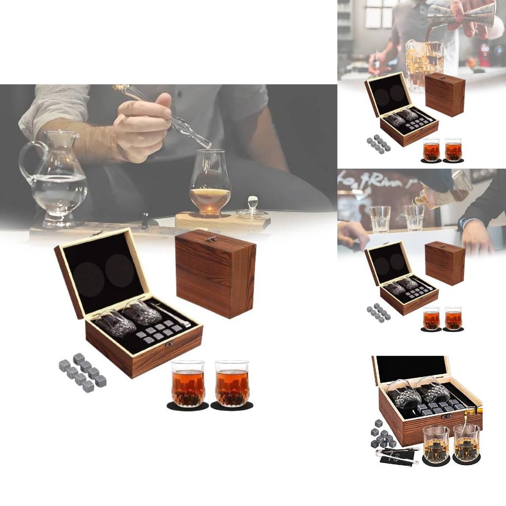 Luxurious Brown Granite Whisky Glasses Set With Whiskey Stones And Wooden Box