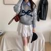 Girly Bow Jacquard Crew Neck Sweater Women's Autumn and Winter New Lazy Wind Outside Knitted Sweater Top